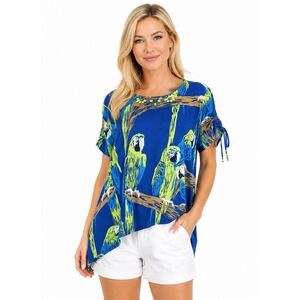 Alfred Dunner Parrot Bird Print Tropical Top M Blue Beaded Tie Sleeve Novelty